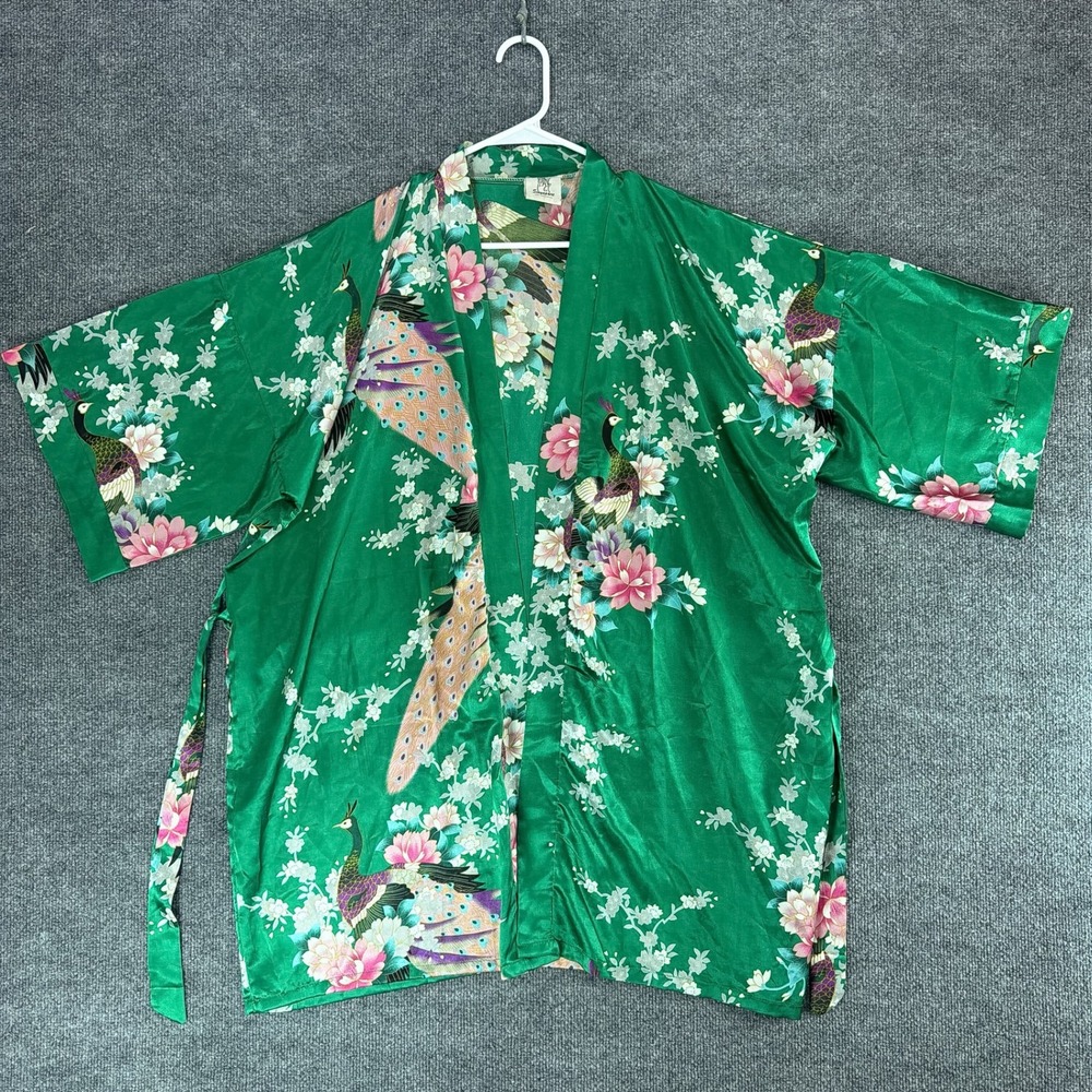 Singapore Silk Collection Green Peacock Floral Satin Kimono Robe One Size Lounge